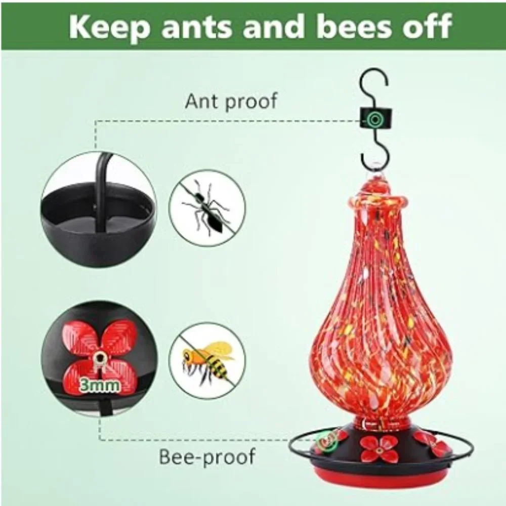 28 oz - Hand Blown Glass Hummingbird Feeder for Outdoors